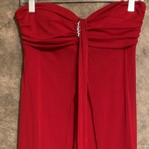 Red strapless evening gown